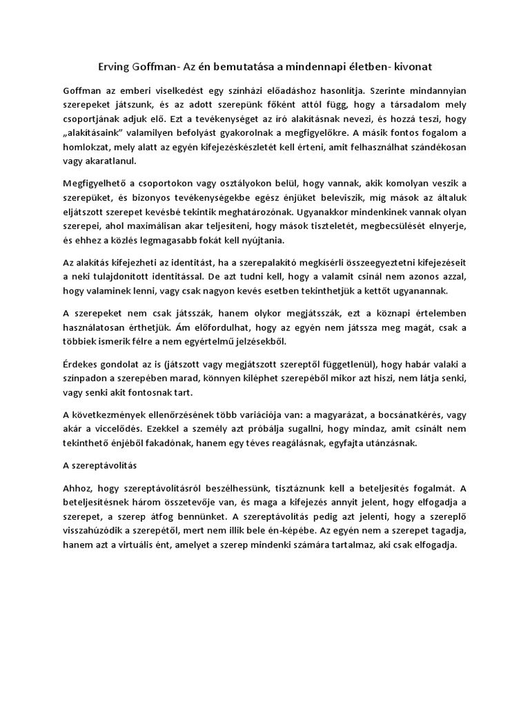 Erving Goffman - Az Én Bemutatása A Mindennapi Életben | PDF