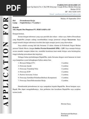 Contoh Surat Lamaran Cv Pt Pertamina Ep