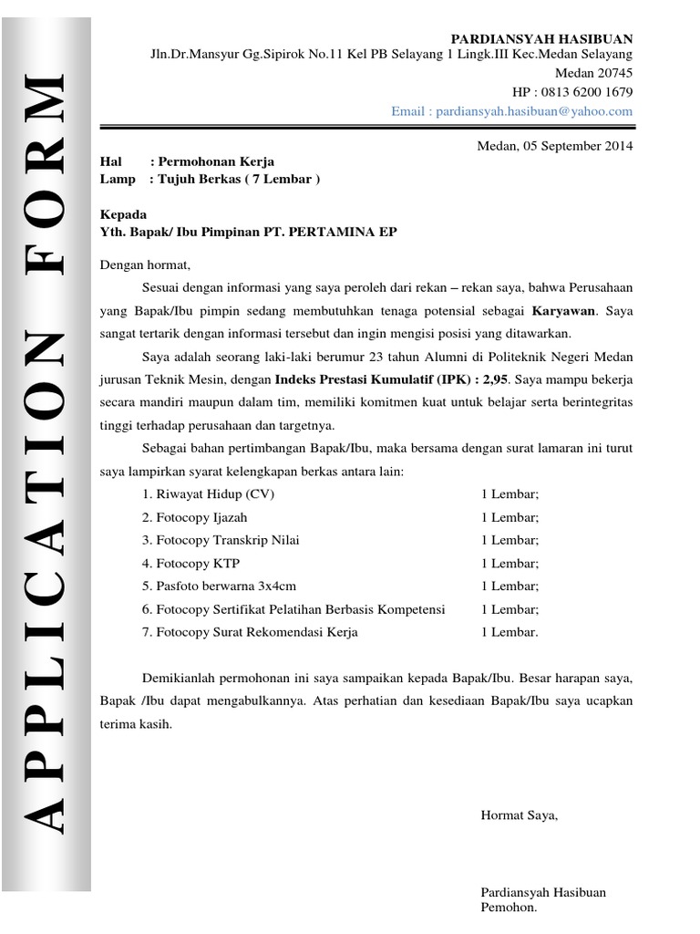 Contoh Surat Lamaran & Cv Pt Pertamina Ep