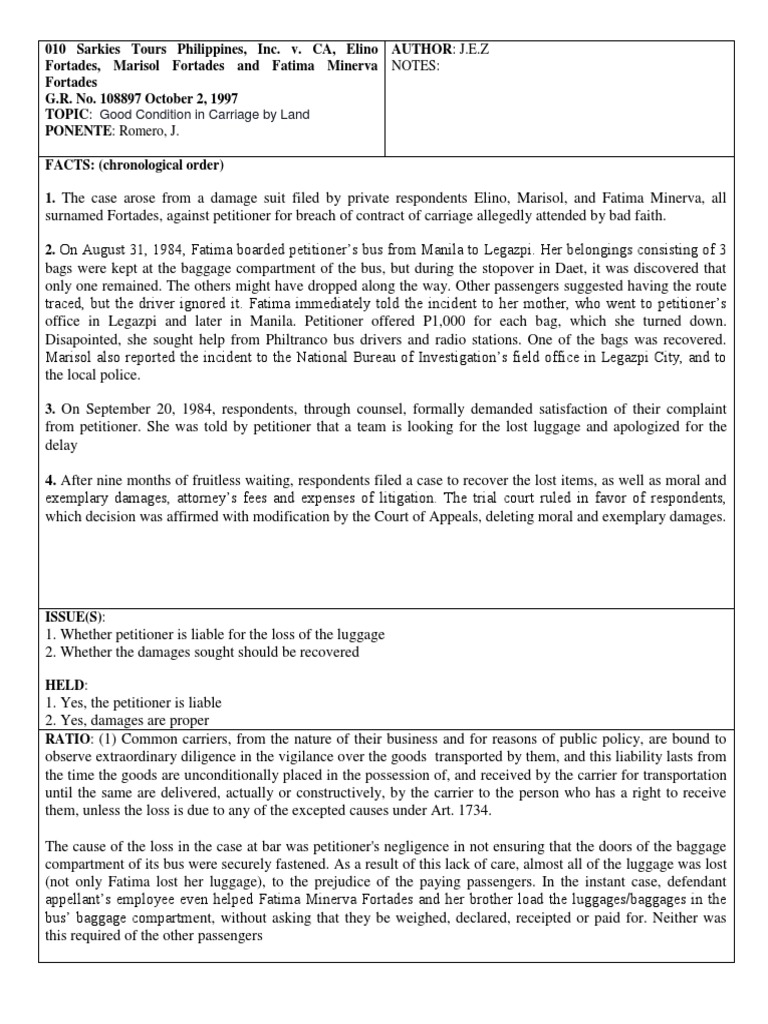 Good Condition in Carriage by Land PDF Baggage Lawsuit