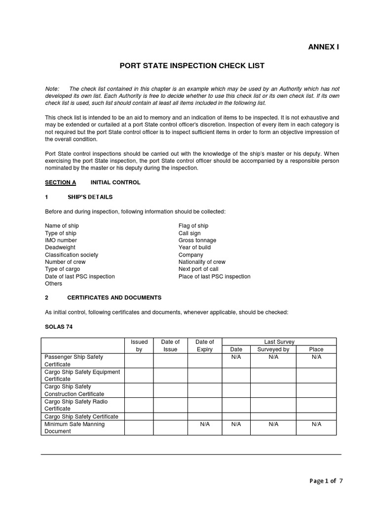 Annex I Port State Inspection Check List: Section A Initial Control ...