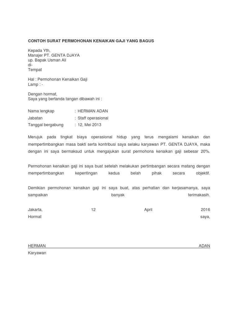 Contoh Surat Permohonan Kenaikan Gaji Yang Bagus  PDF