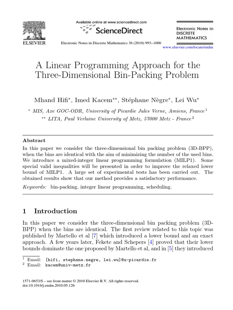 A Linear Programming Approach For The ThreeDimensional BinPacking