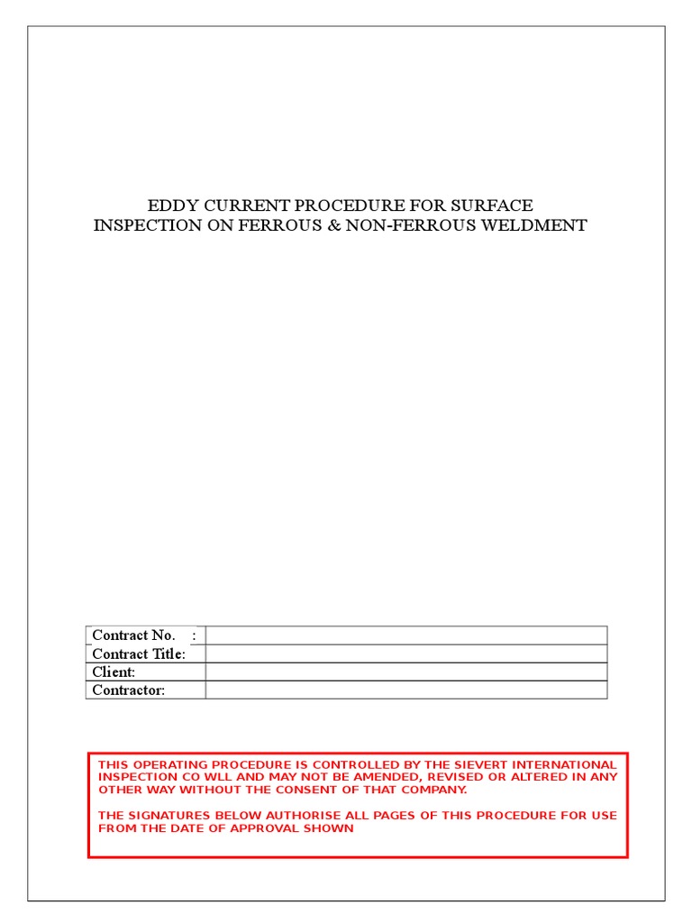 Eddy Current Procedure For Surface Inspection On Ferrous & NonFerrous
