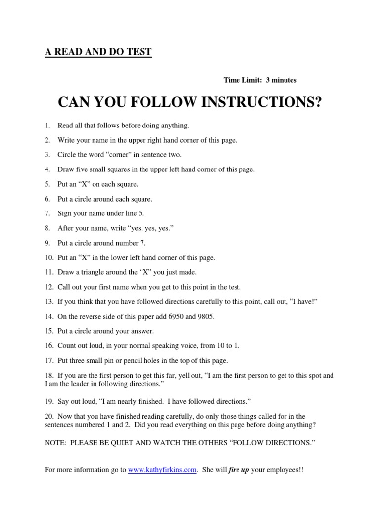 Read and Do Instructions Test | PDF
