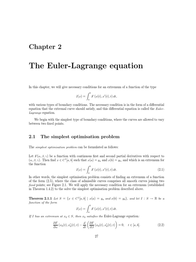 The EulerLagrange Equation PDF Calculus Of Variations Euler