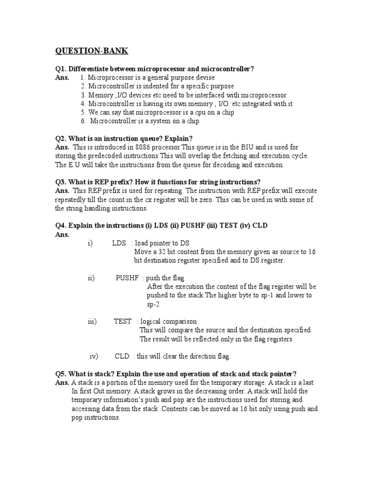 QB MP 8086, Microprocessor Lab Manual Viva Questions Instruction Set