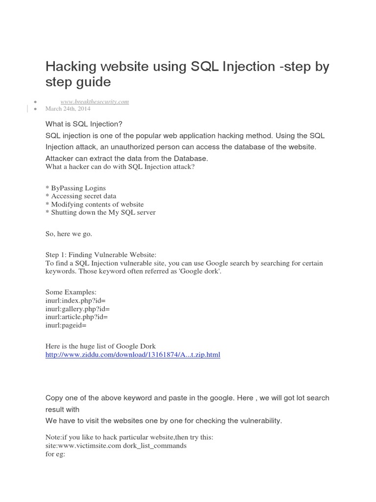 SQL Injection Step by Step | PDF | Search Engine Optimization | Websites