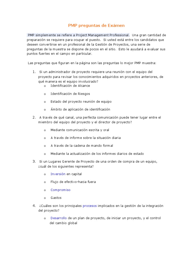 PMP Preguntas de Examen | PDF | Profesional en el manejo de proyectos ...