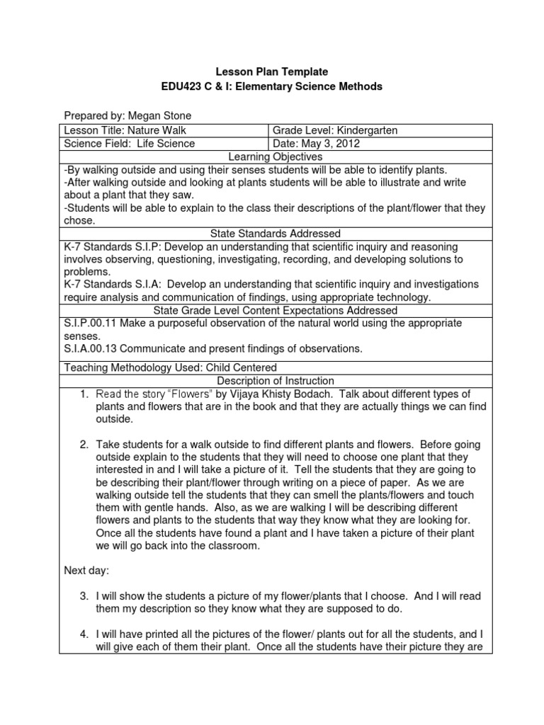 lesson plan nature walk Lesson Plan Education Theory