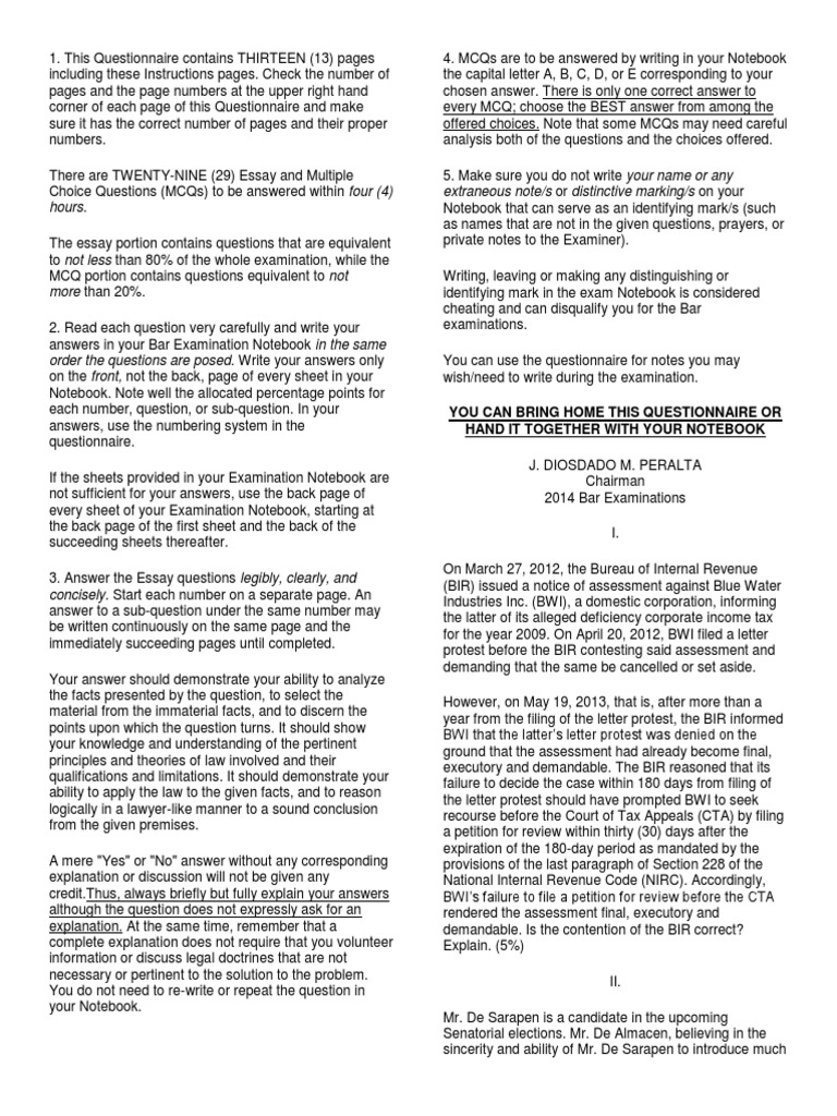 Guidelines for Answering the Bar Examination Questionnaire PDF