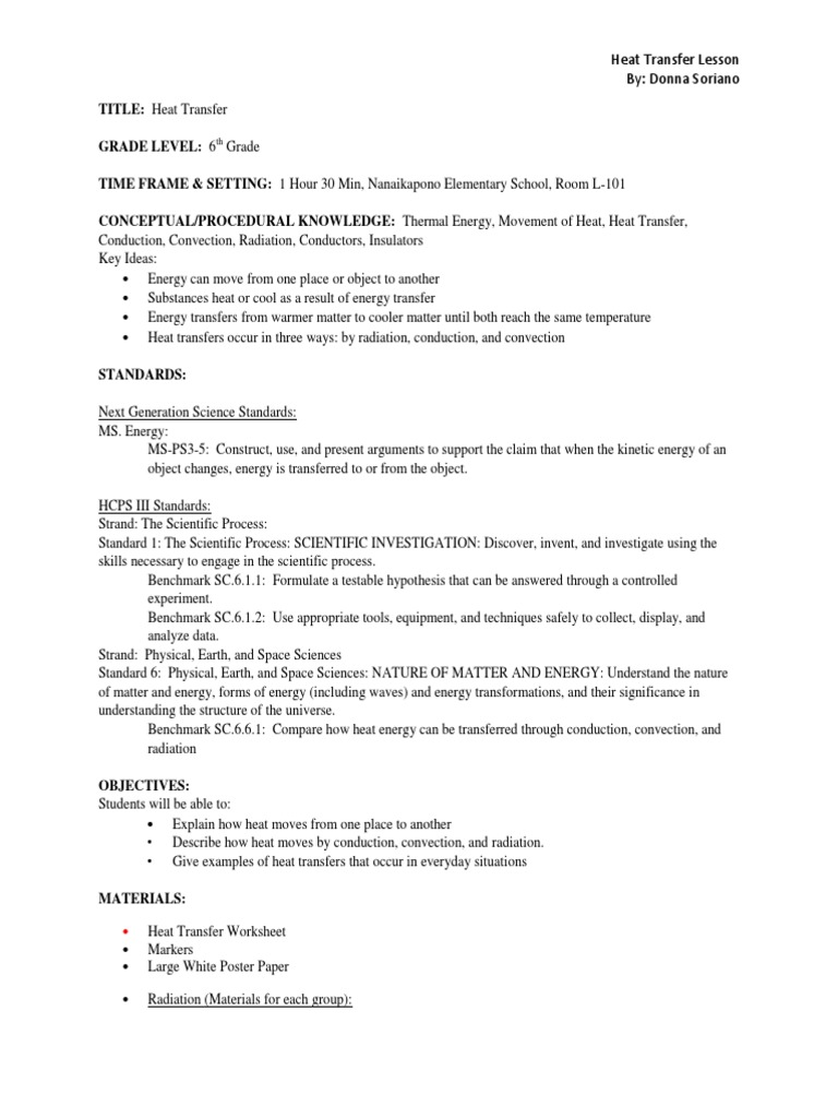 Heat Transfer Lesson Plan Revised PDF Heat Transfer Heat