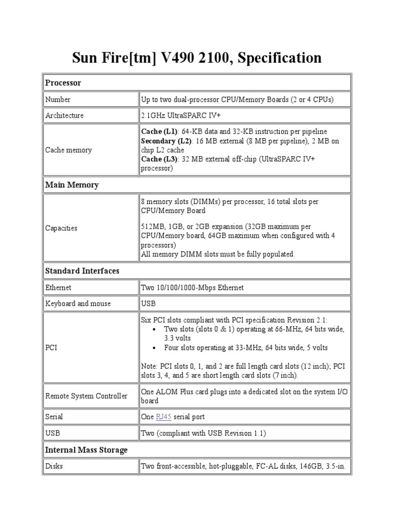 Sun Fire[tm] V480 Server Detailed Hardware Specifications Including