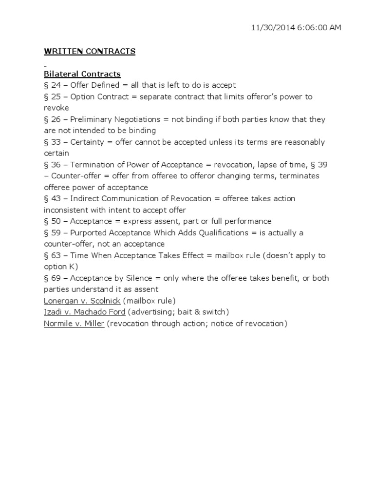 Understanding Bilateral Contracts and Acceptance | PDF