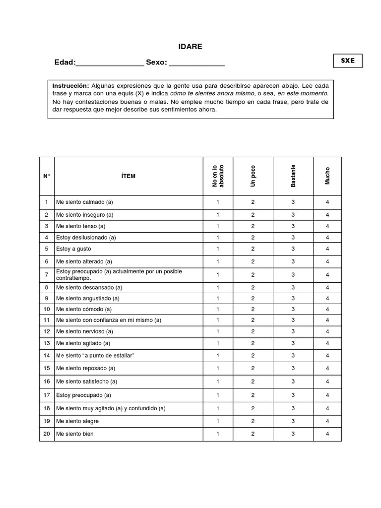 Inventario de Ansiedad IDARE | PDF | Ansiedad | Psicología Aplicada