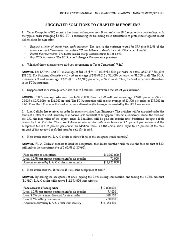 Solution Manual Multinational Financial Management Ch 18 | Factoring (  Finance) | Discounting