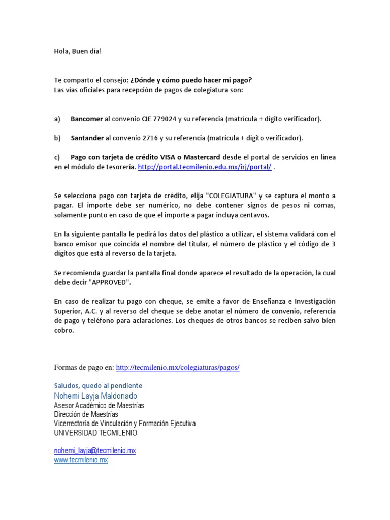 Métodos de Pago para Colegiatura Tecmileno | PDF | Finanzas y dinero ...