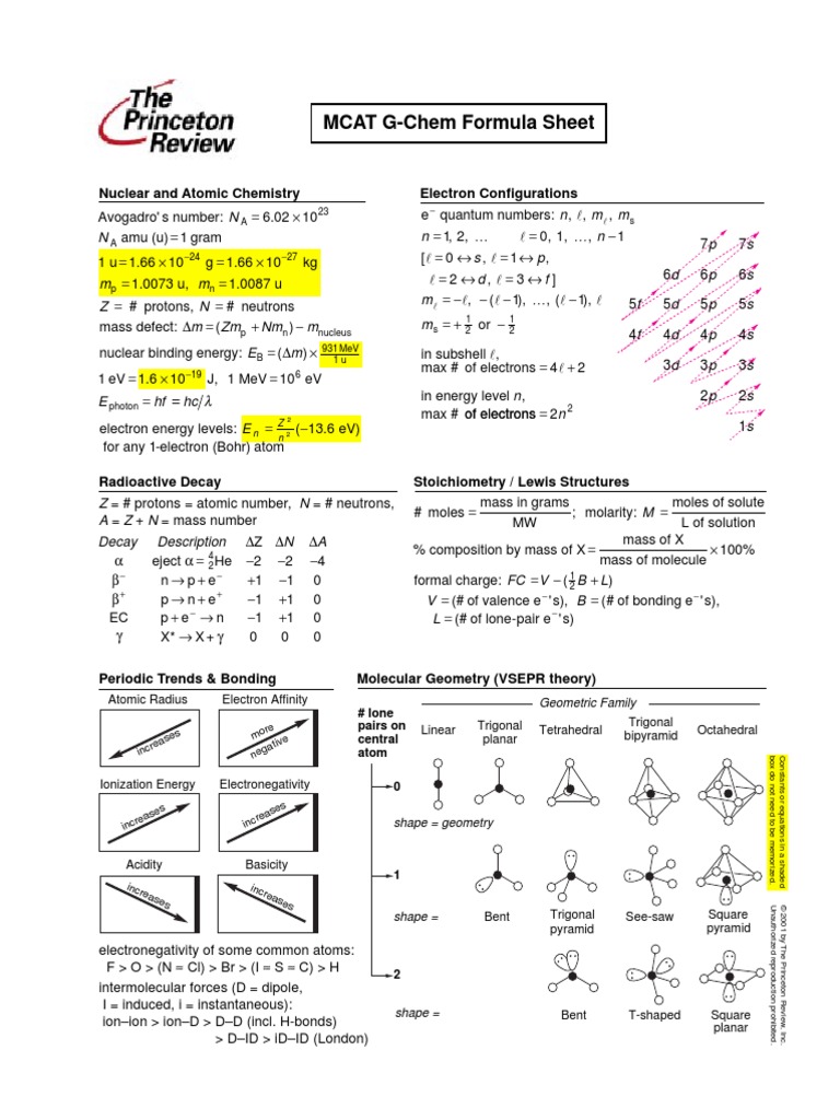 MCAT Princeton Review Formulas Chemical Equilibrium Acid