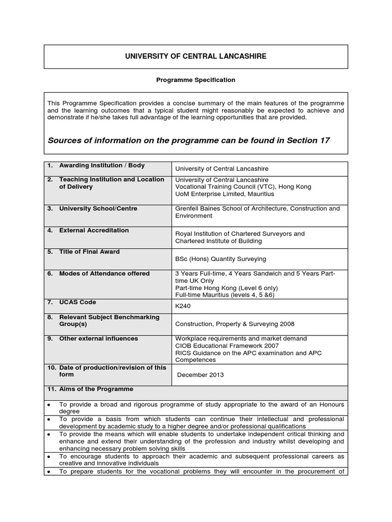 BSc (Hons) Quantity Surveying Overview | PDF | Gce Advanced Level ...