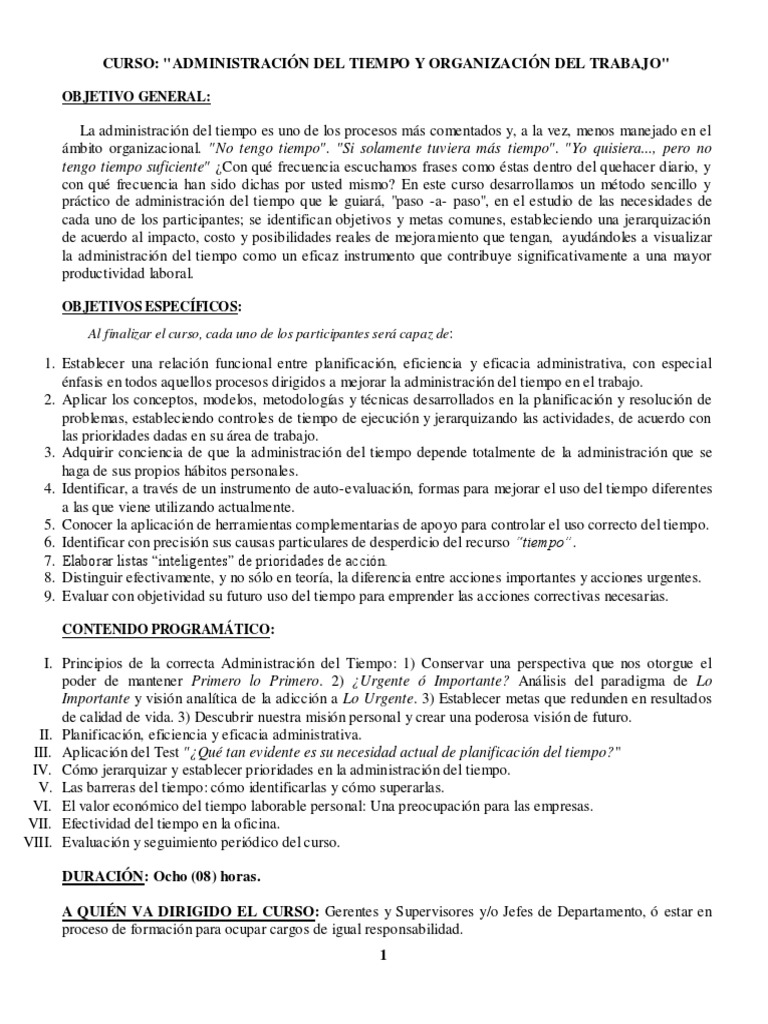 Curso de Administración del Tiempo PDF | PDF | Planificación | Toma de ...