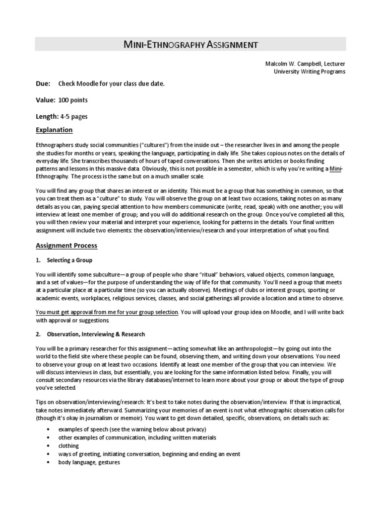 Mini Ethnography Assignment Mc Ethnography Cognitive Science