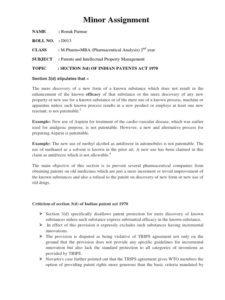 Section 3(d) of Indian Patent Act Explained | PDF | Pharmaceutical Drug ...