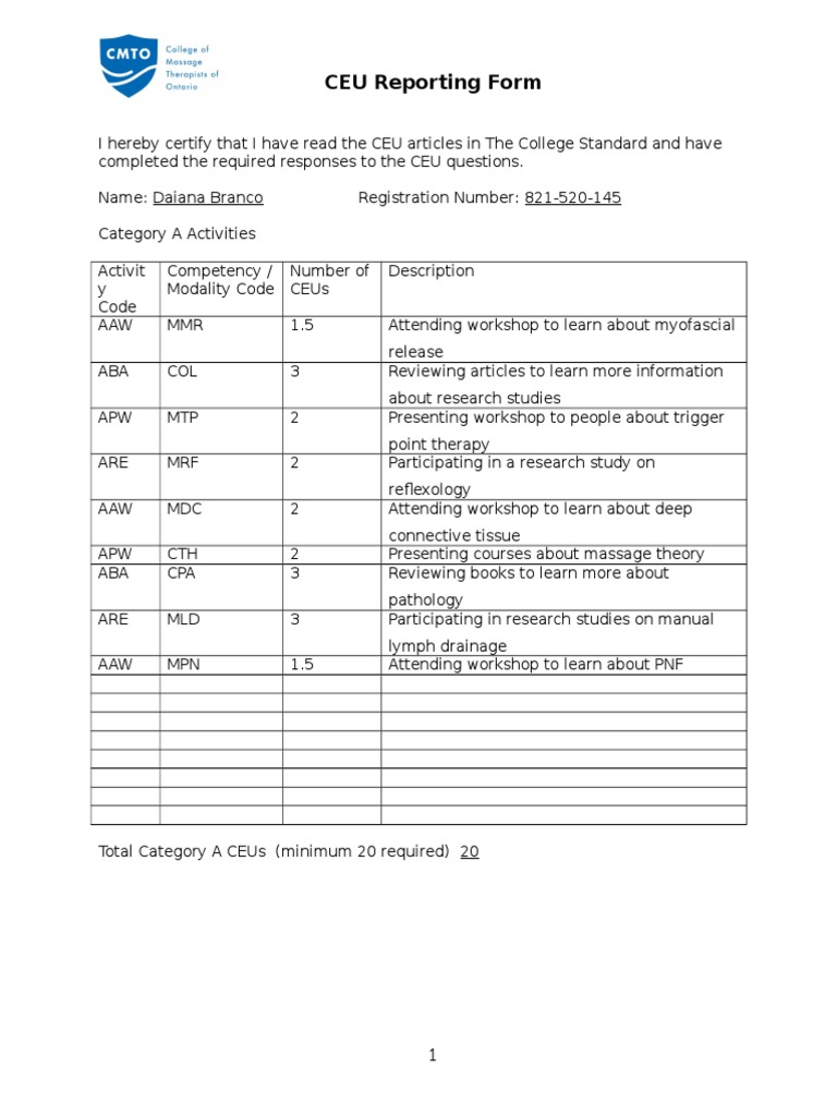 CEU Reporting Form for Continuing Education | PDF | Wellness | Science ...