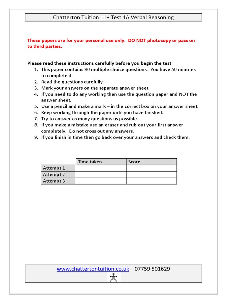 11+ Verbal Reasoning Test 1A | PDF | Multiple Choice | Nature