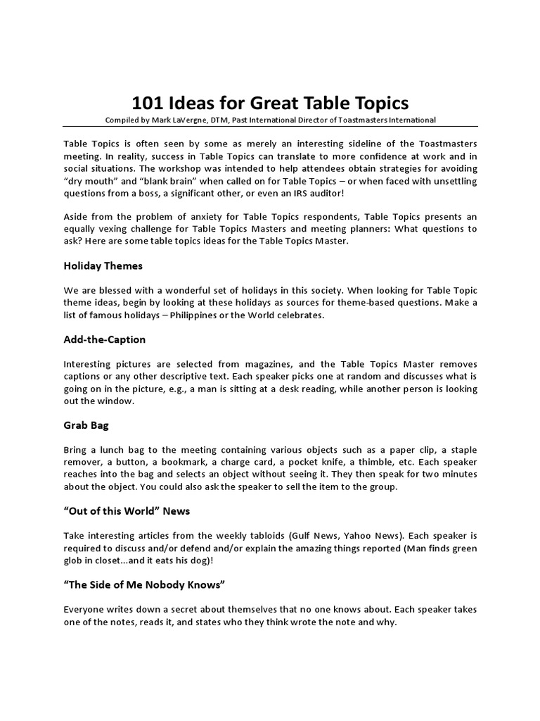 101 Ideas For Great Table Topics Postcard Question