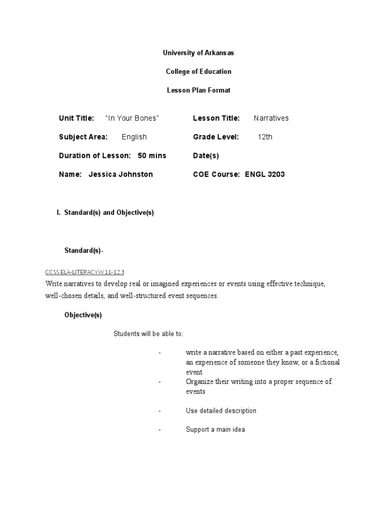 12th Grade Narrative Writing Lesson Plan | PDF