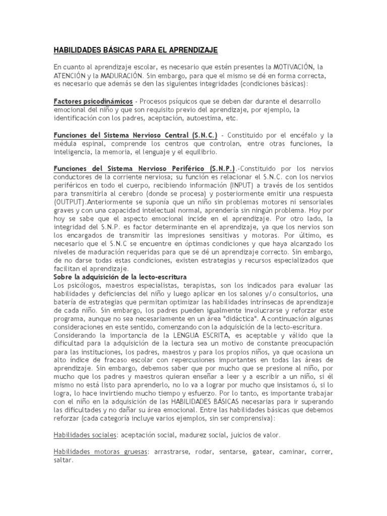 Habilidades Básicas para el Aprendizaje | PDF | Sistema nervioso ...