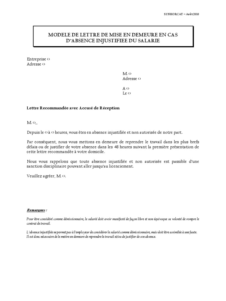 Modele De Lettre De Mise En Disponibilité Gratuite
