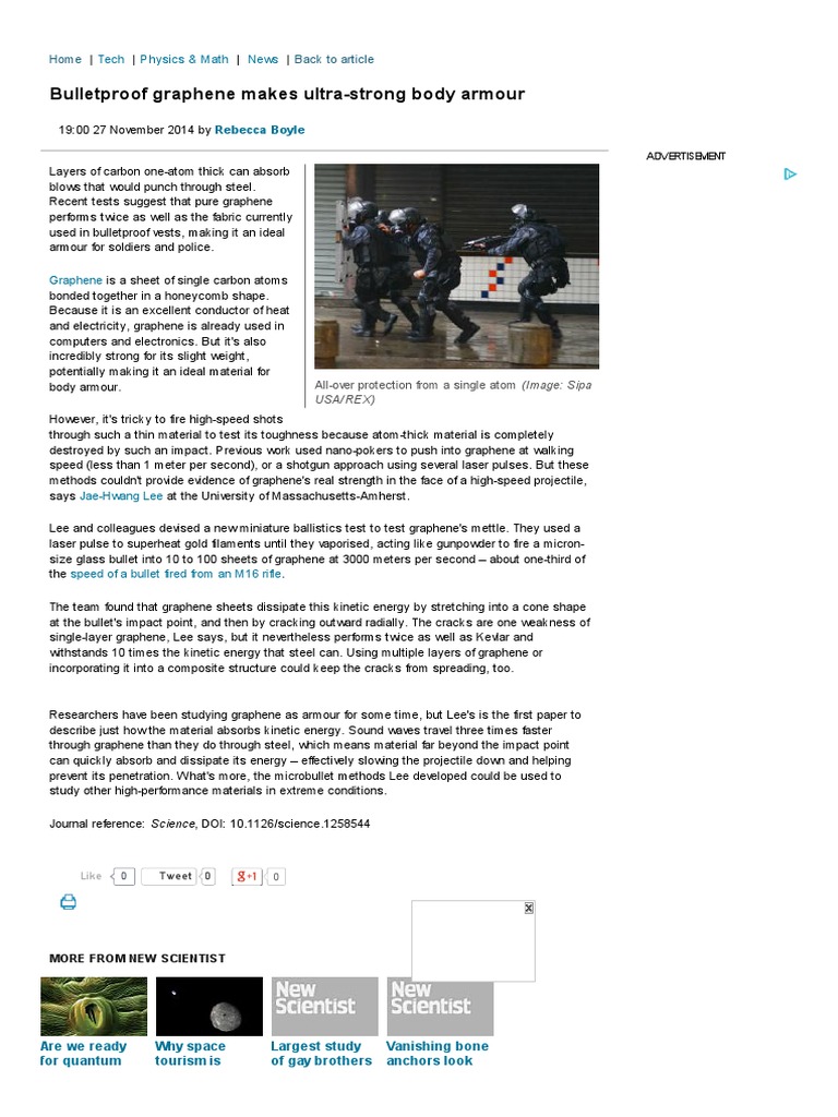 Bulletproof Graphene Makes Ultrastrong Body Armour Graphene Física e matemática
