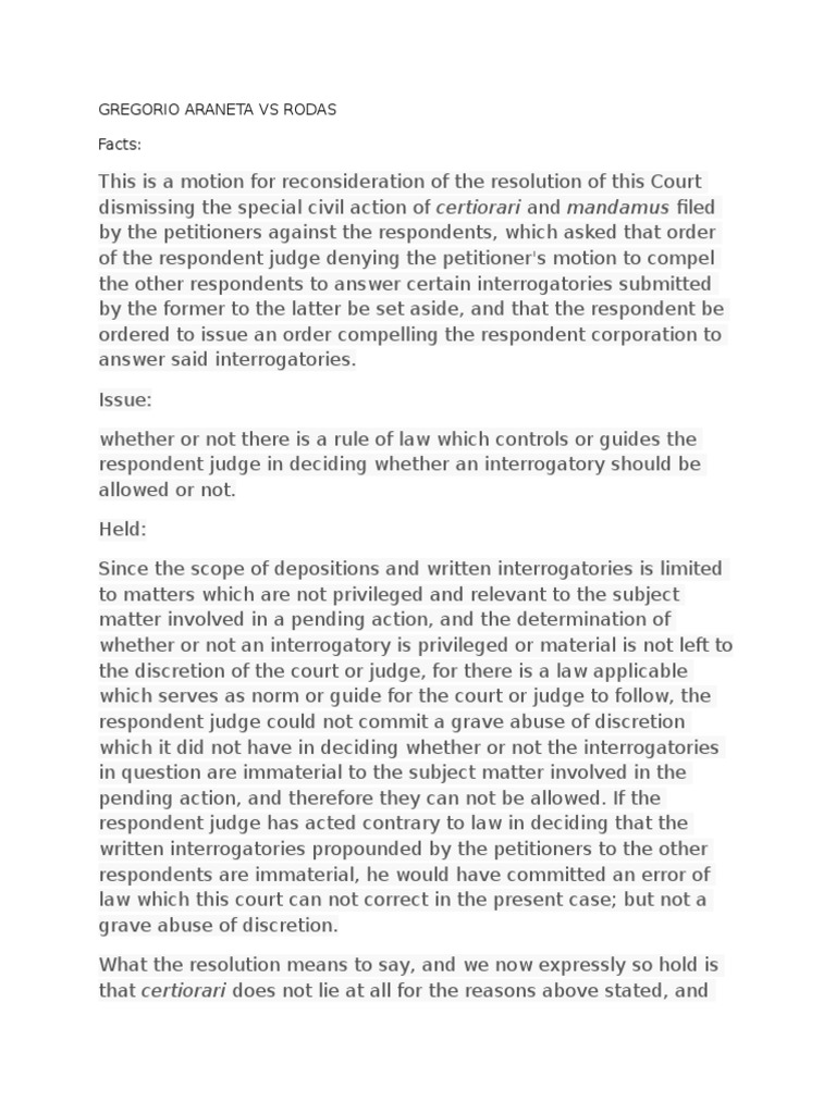 Gregorio Vs Rodas PDF Interrogatories Certiorari