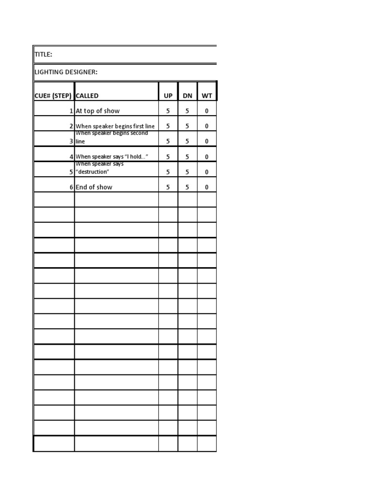 Stage Lighting Cue Sheet for a Speaking Engagement PDF