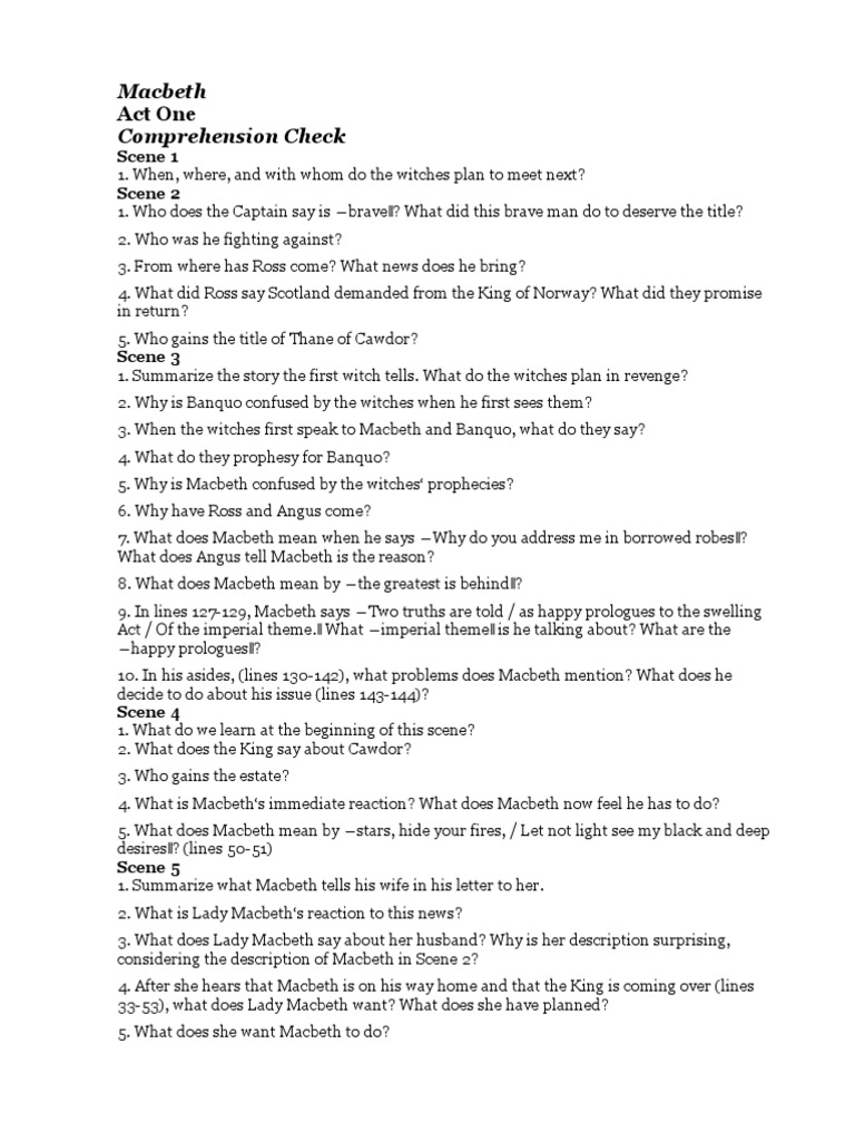 macbeth study guide questions by act Macbeth Shakespearean Tragedies