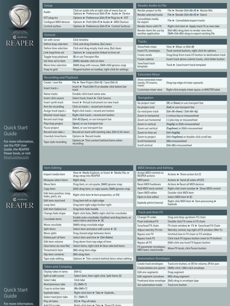 REAPER Quick Start PDF Tempo Keyboard Shortcut