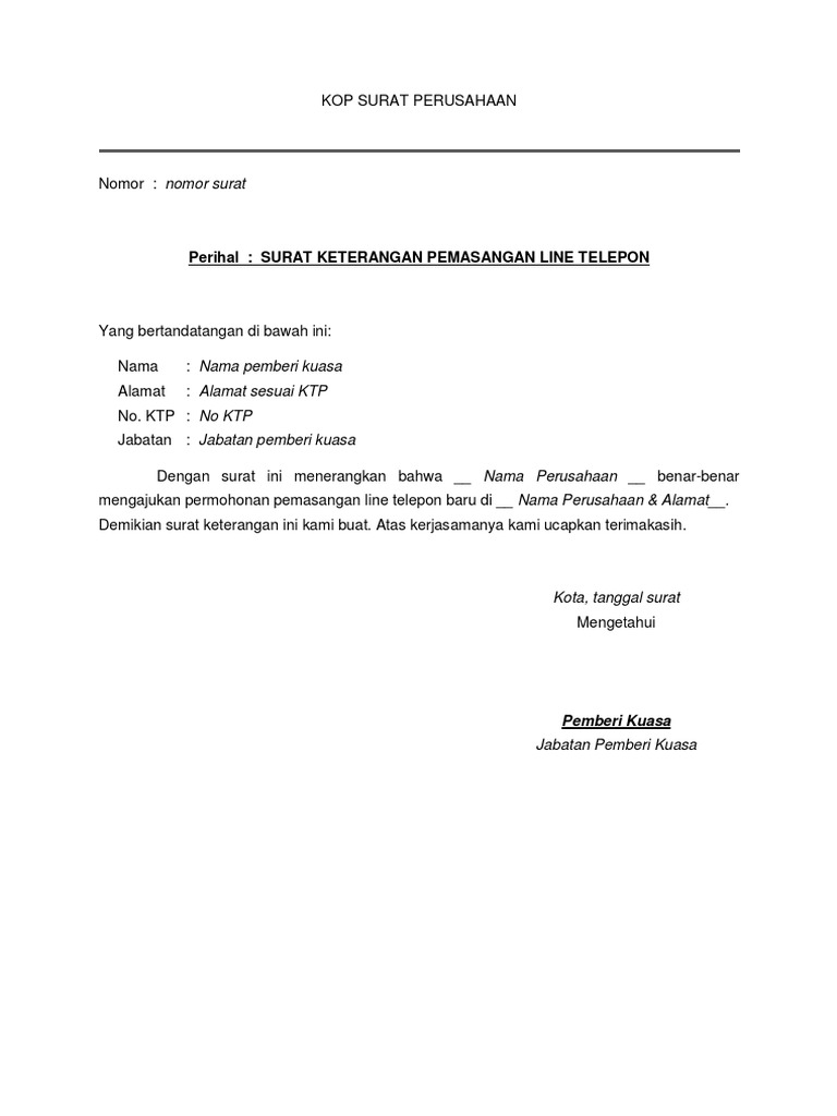 Surat Keterangan Pemasangan Telepon | PDF
