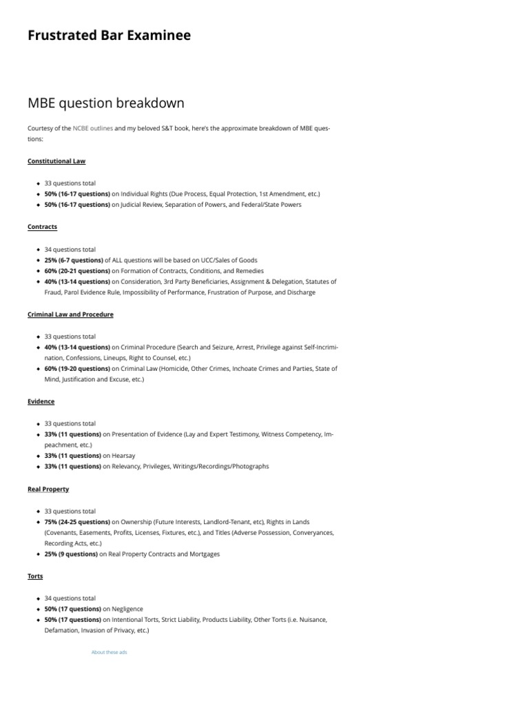 MBE Question Breakdown by Subject | PDF