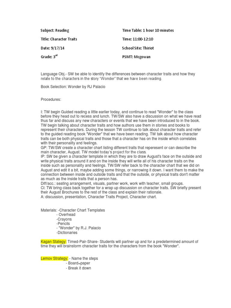 Wonder Character Trait Brochure Lesson | PDF