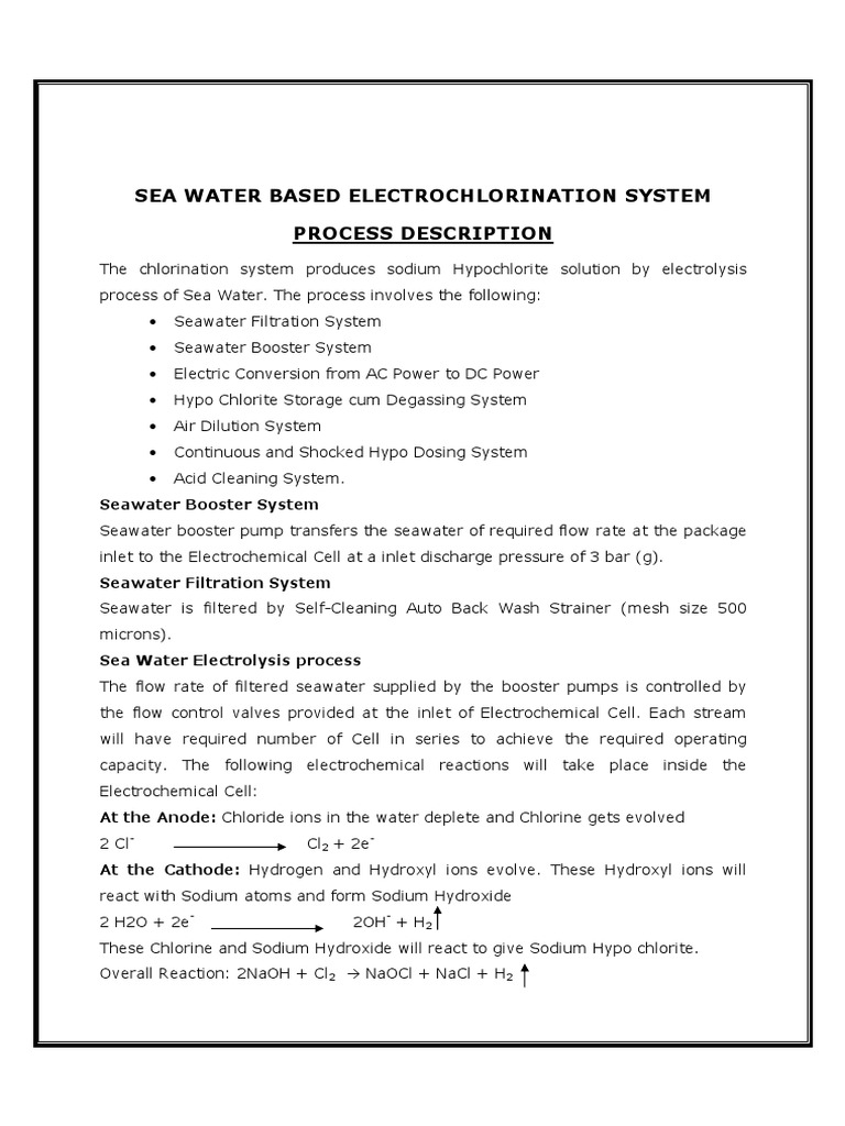 Seawater Electrochlorination System Overview | PDF | Chlorine ...