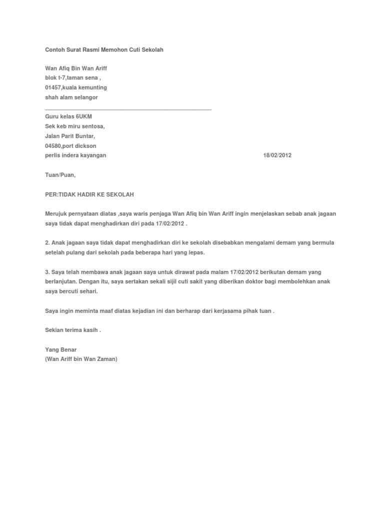 Contoh Surat Rasmi Memohon Cuti Sekolah Pdf