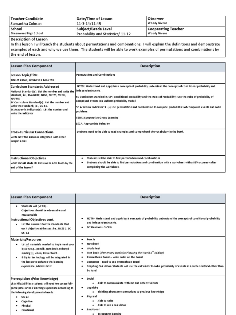 Permutations and Combinations Lesson Plan PDF National Council Of