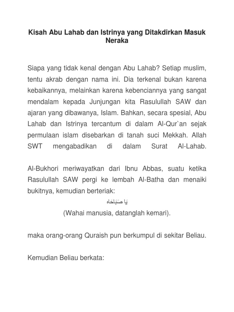 Kisah Abu Lahab Dan Istrinya Yang Ditakdirkan Masuk Neraka Pdf
