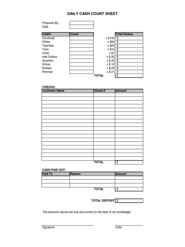 daily cash count spreadsheet | pdf