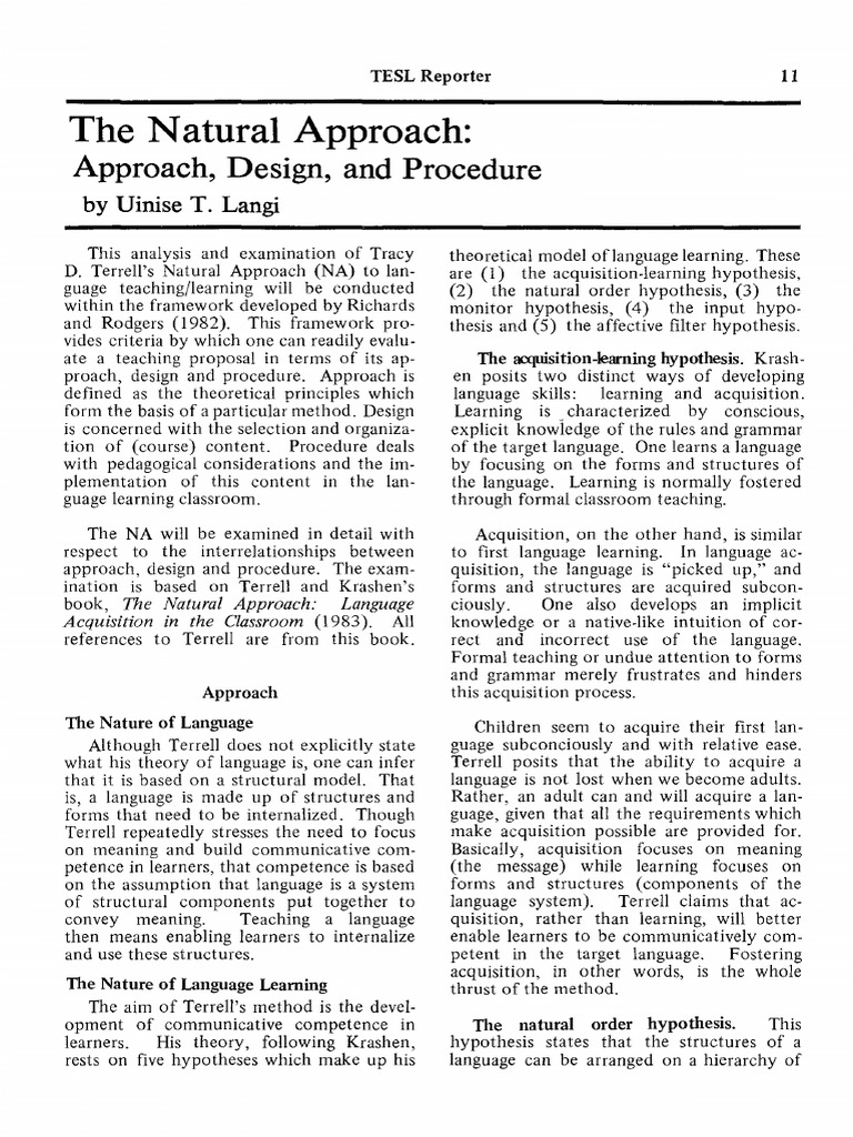 Analyzing the Natural Approach in Language Learning | PDF | Second ...