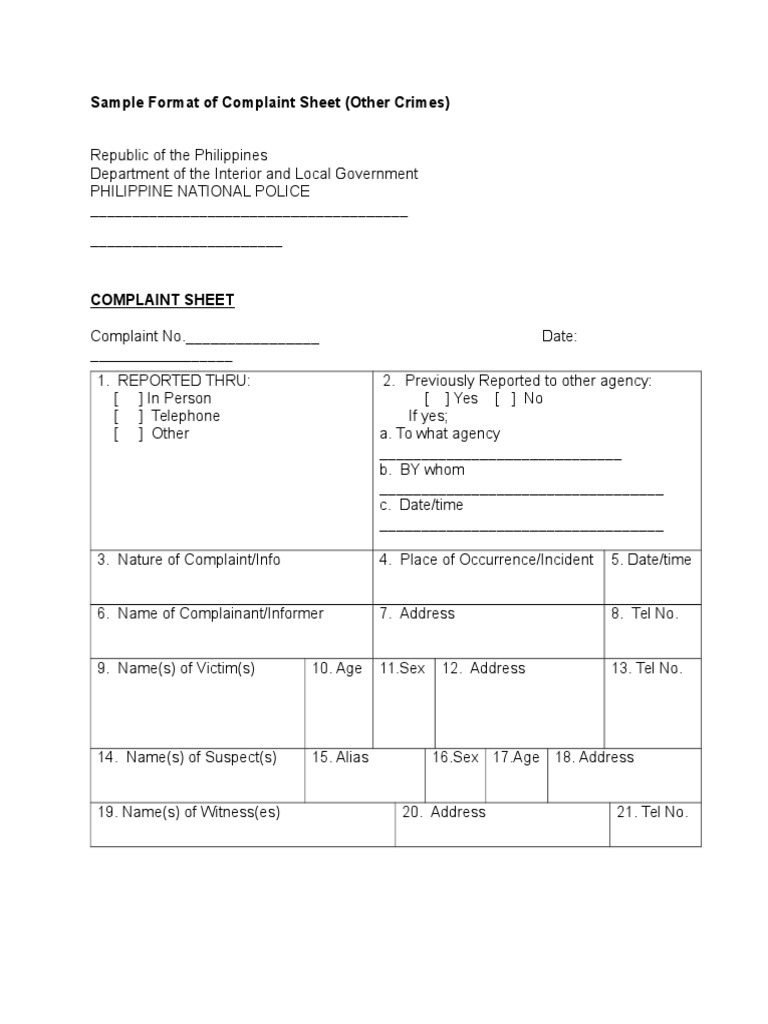 Complaint Sheet Format for PNP | PDF