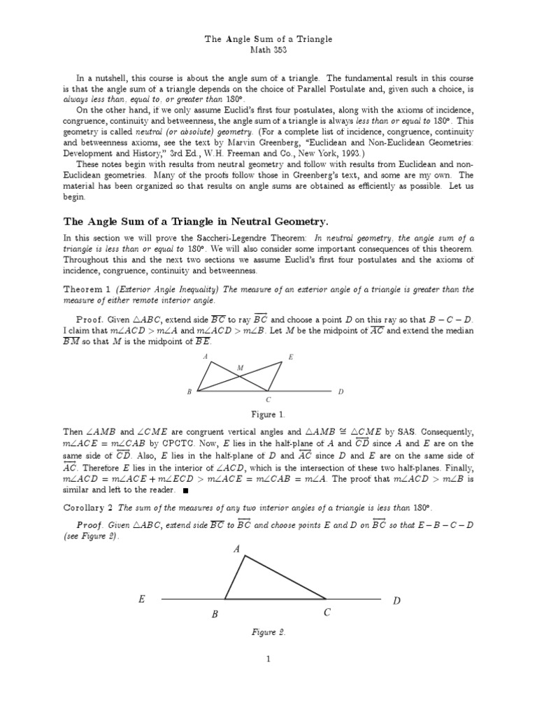 Angle Sum Triangle Hyperbolic Geometry