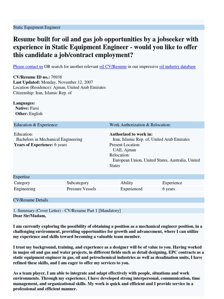 Static Equipment Engineer Résumé Mechanical Engineering