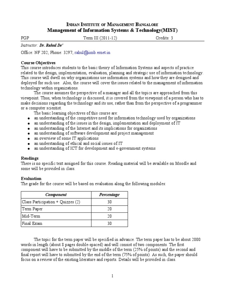 I I M B Management of Information Systems & Technology (MIST) | PDF ...